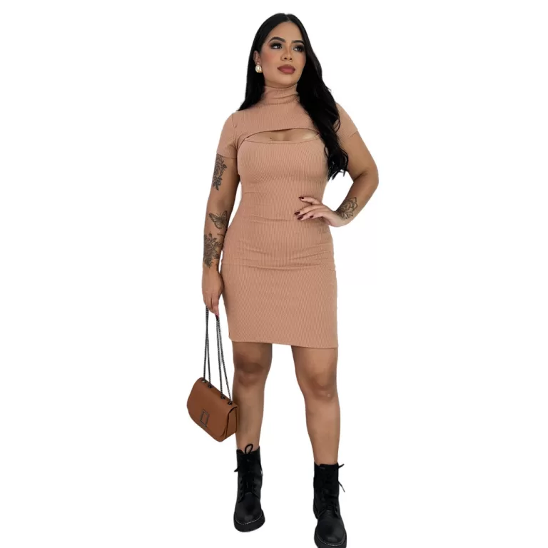 Vestido Feminino Canelado Curto Gola Alta Decote N
