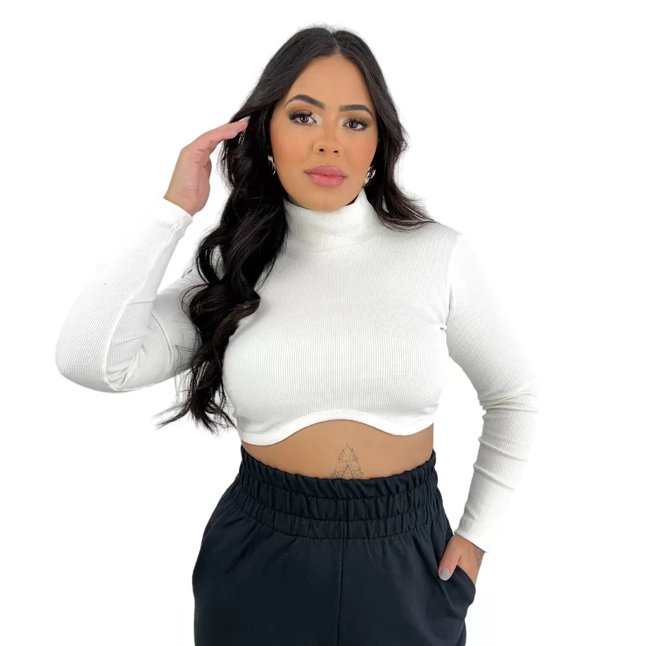 Blusa Cropped Gola Alta Manga Longa