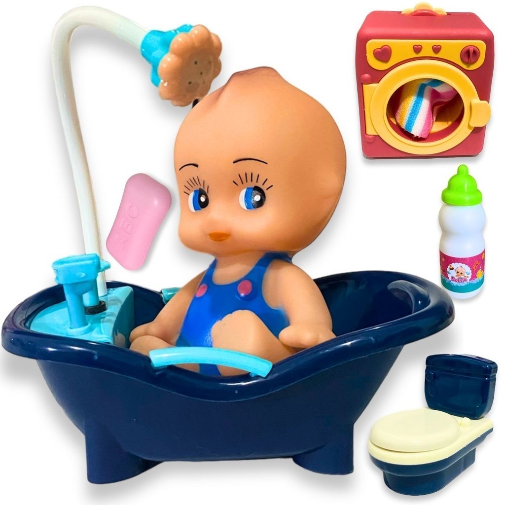 Boneco Com Banheira De Brinquedo Infantil Vinil C/ Acessório