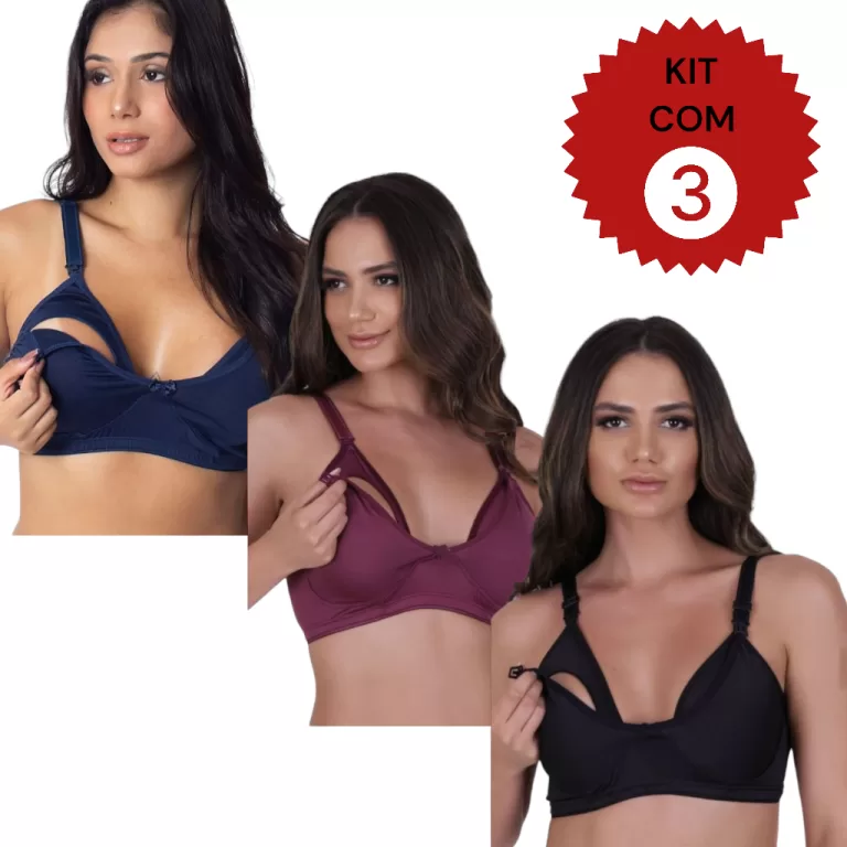 KIT 3 Sutiã Amamentação Lingerie Pós Parto Lin
