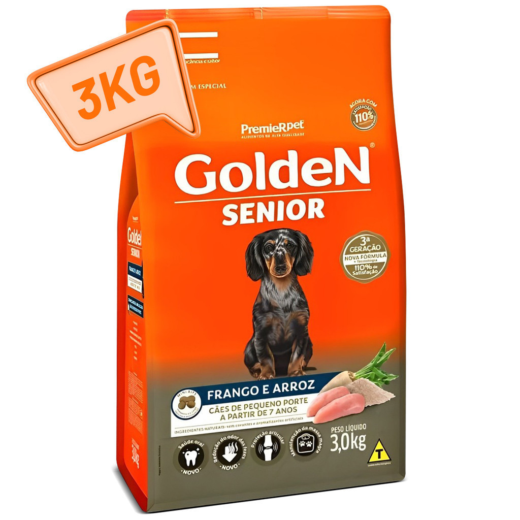 Ração Golden Senior Mini Bits 3kg Ração para Cães Frango e Arroz