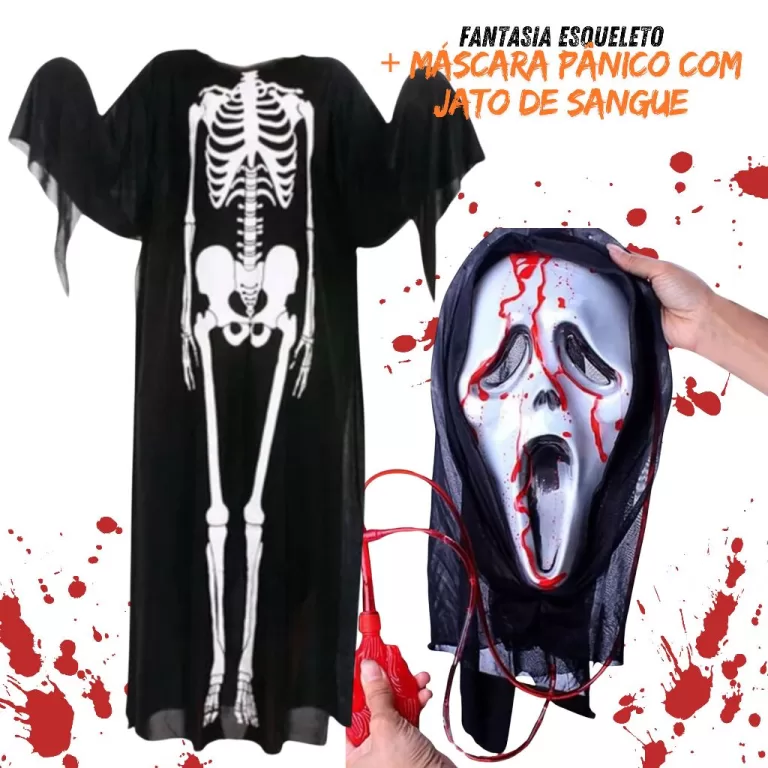 Fantasia Caveira Manto Esqueleto Halloween Complet