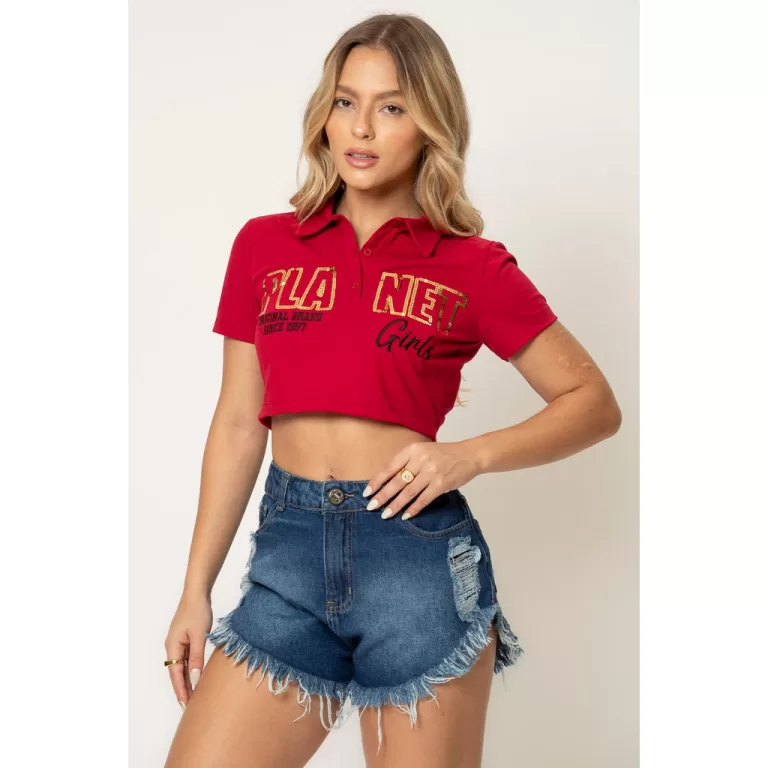 Polo Cropped Feminina em Paetê Planet Girls Verme