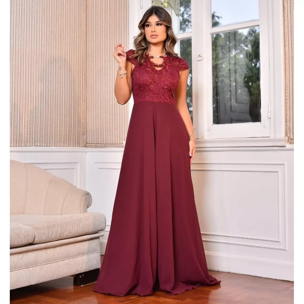 Vestido Longo Feminino de Festa Casamento Formatura Corpo em Renda Saia em Alfaiataria