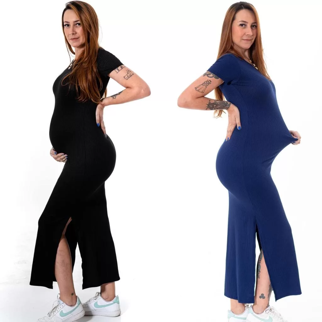 Vestido Manga Gestante Grávida Maternidade Canelado Confortavel Fenda Longo Evangélico Casual Modern