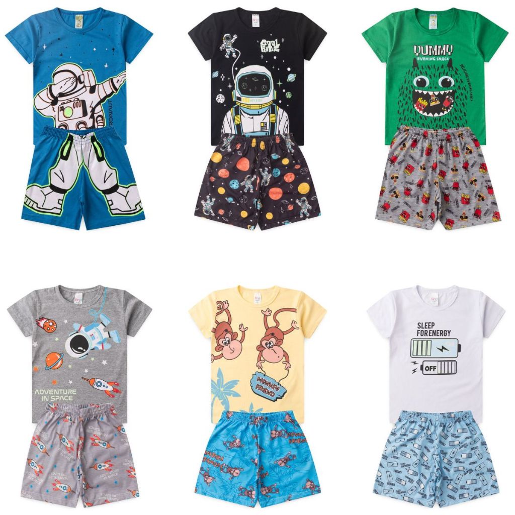 Kit Sortido 3 Pijamas Verão Infantil Menino Tam 1 ao 14 Confortáveis e Divertidos