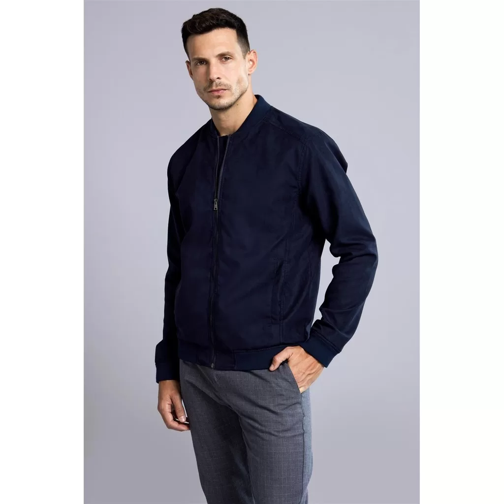 Jaqueta Bomber com Zíper Suede – Azul Marinho
