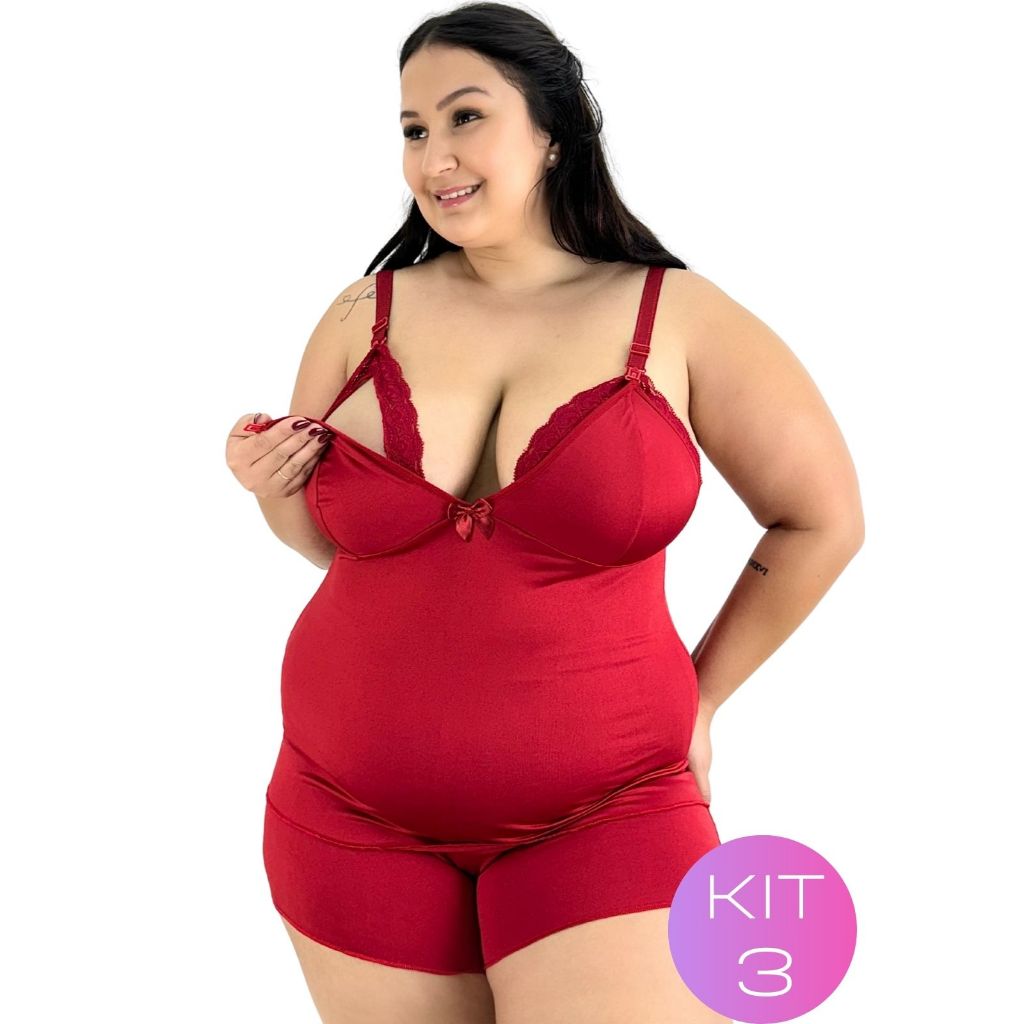 Kit 3 Baby Doll Amamentação Plus Size Renda Pijama Sexy Feminino Moda Íntima Lingerie Menina Atrevid