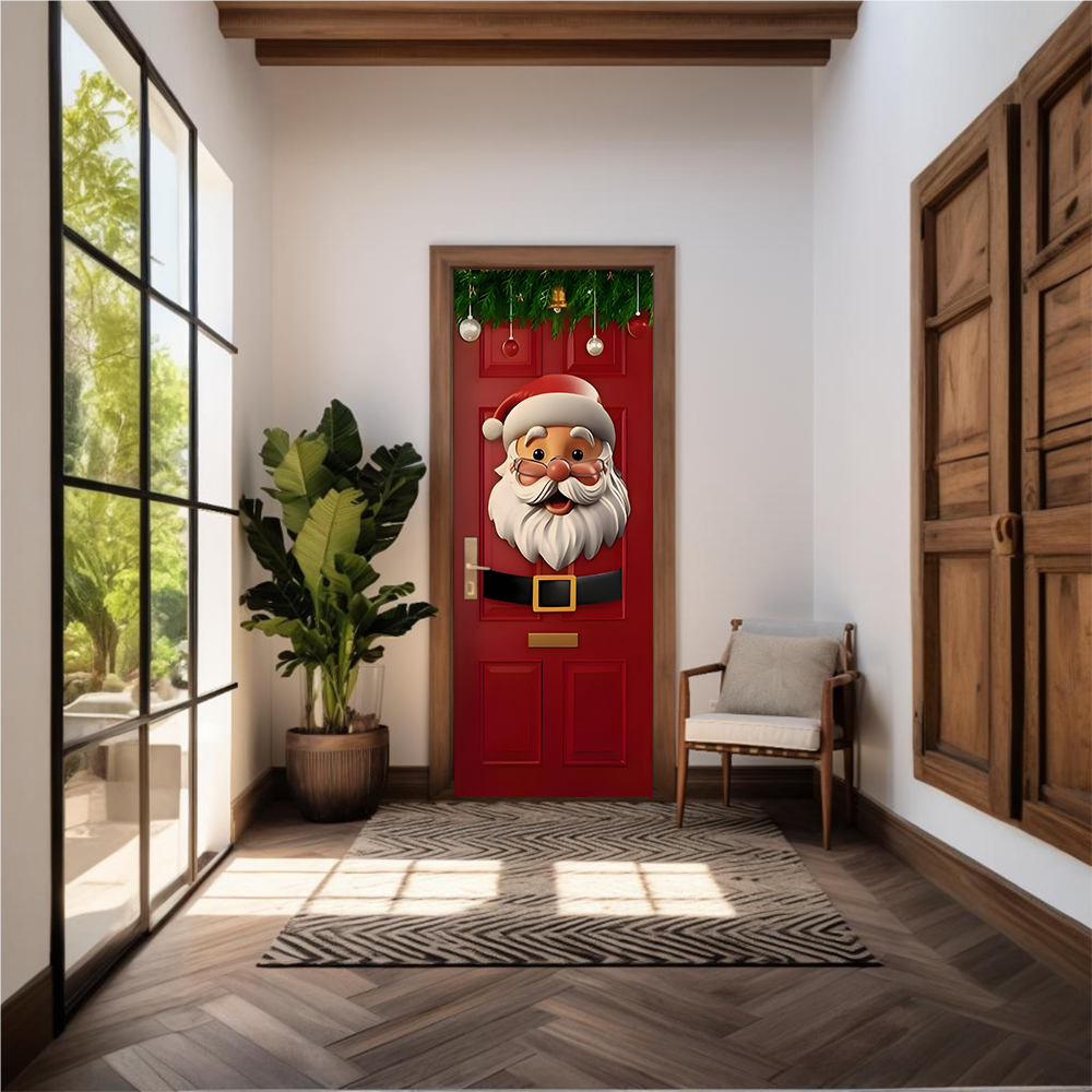 Capa De Porta Em Tecido Sublimado 2,0×0,8m C/ Elástico Decoração Tema Decoração Papai Noel Veste Fác