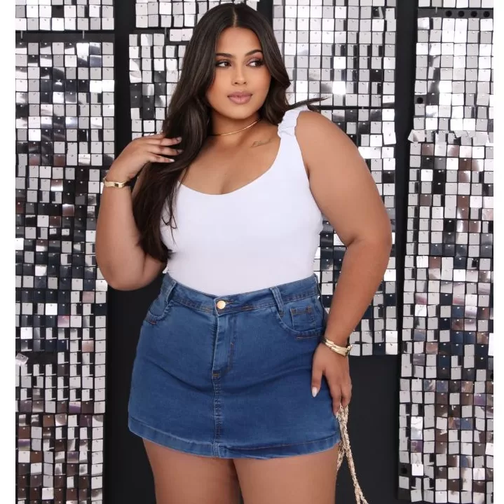 Short Saia Plus Size Jeans Cintura Alta Com Stresh