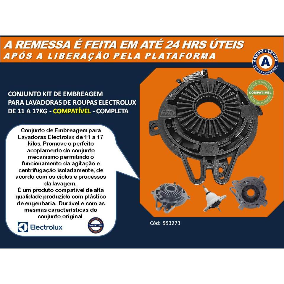 Conjunto Kit de Embreagem Para Lavadoras de Roupas Electrolux de 11 a 17kg – Compatível – 993273