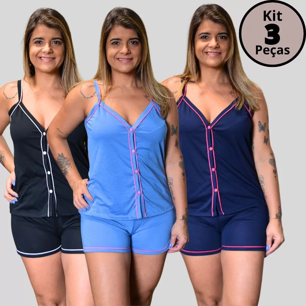 Kit Amamentação com 3 Baby doll Alcinha com Botões em Malha Estampas Sortidas Cirurgico pós parto