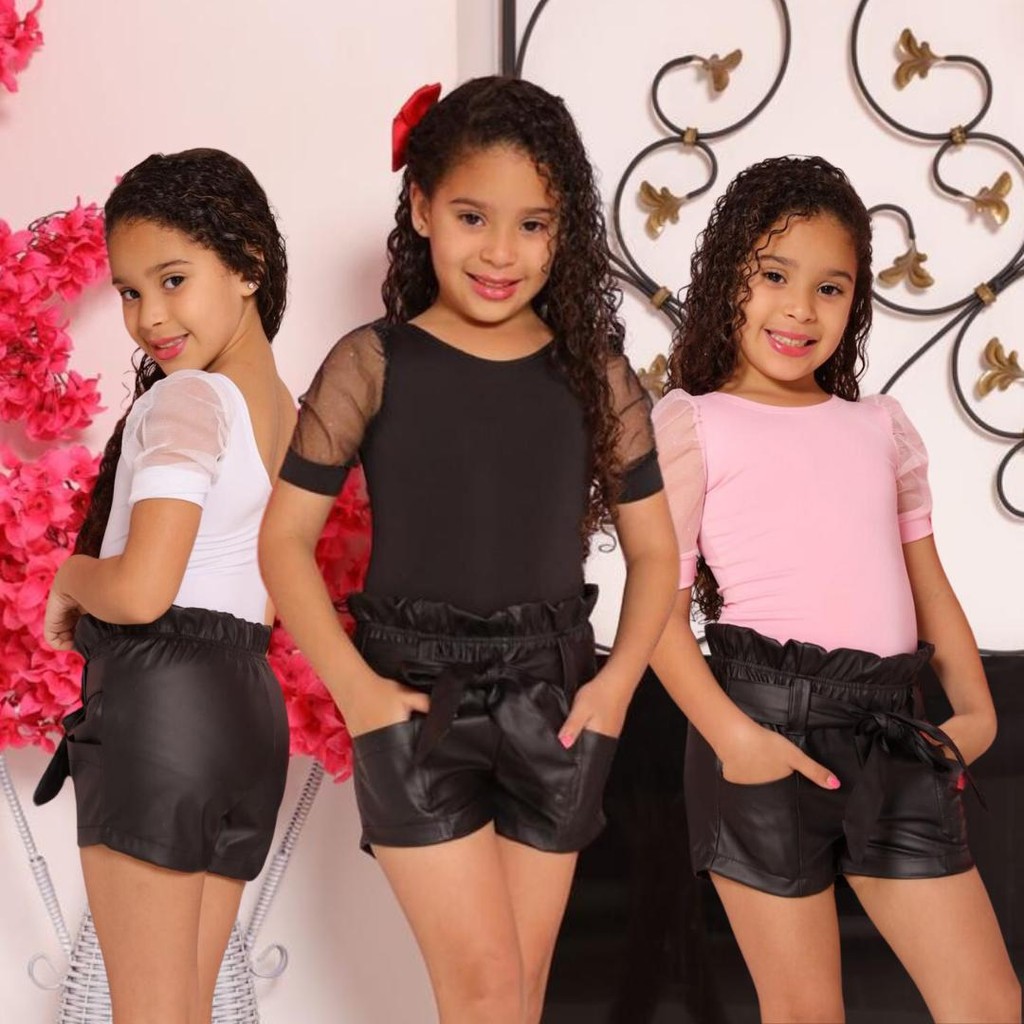 Conjunto Infantil Menina Body Manga Curta Tule + Shorts Couro Diva Moda Luxo Outono Inverno