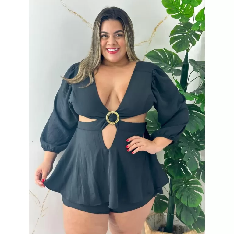 Macaquinho Feminino  Plus size manga Longa Com Det