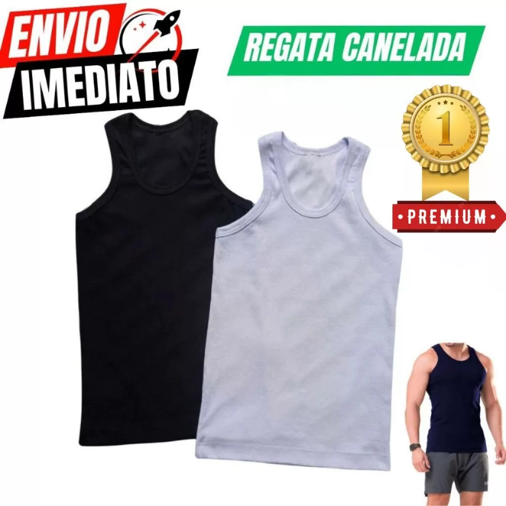 Kit 2 Regata Canelada Premium Masculina Modelo Americano Ribana Algodão e Elastano
