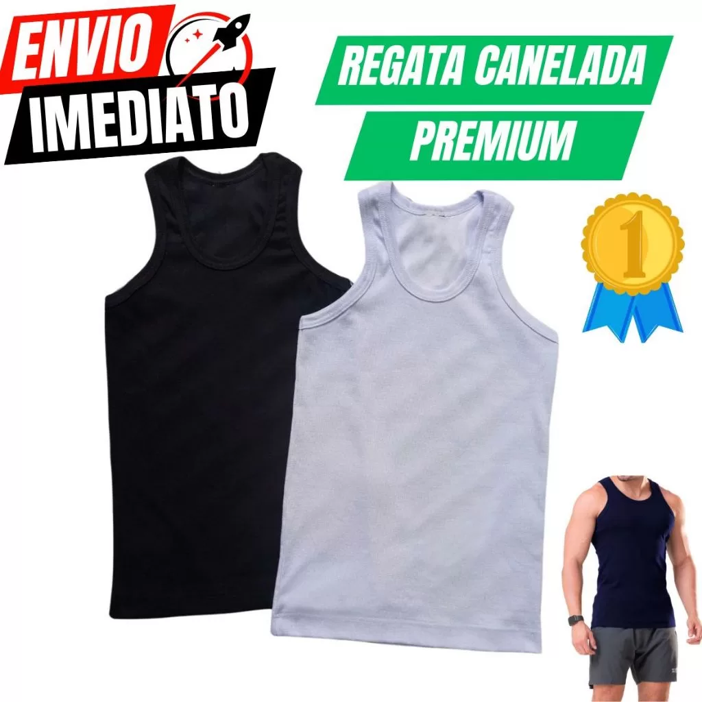 Kit 2 Regata Premium Masculina Modelo Americano Ribana Canelada Algodão e Elastano Primeira Linha