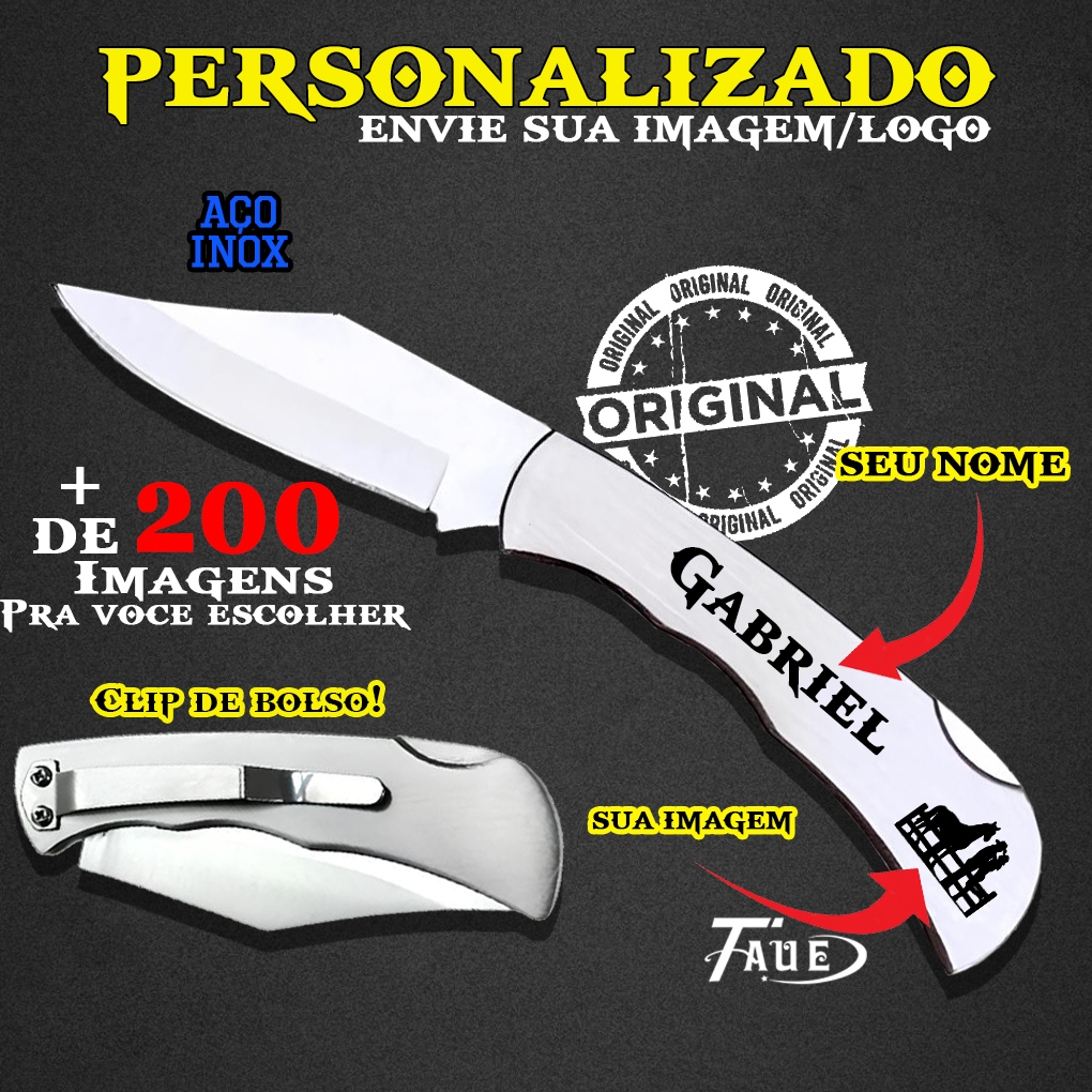 Canivete Personalizado Laser Clip Presilha Bolso Inox Seu Nome Desenho Imagem Agro Envio Imediato