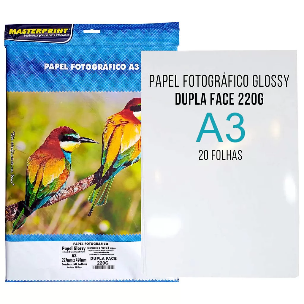Papel Foto Dupla Face A3 220g Dupla Face Glossy Branco Brilhante 20 folhas Masterprint