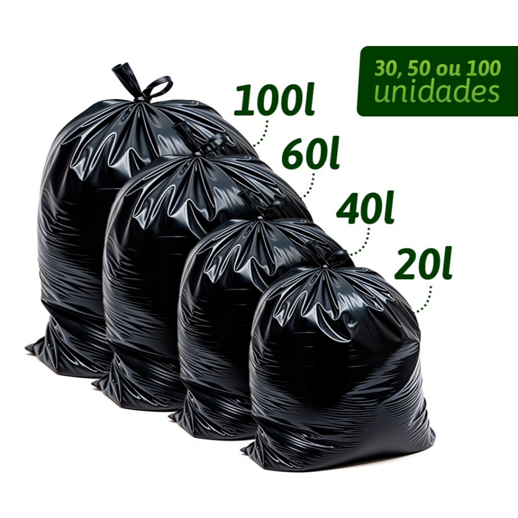Kit Sacos De Lixo Resistente Preto Sustentável Espessura 0.4 Suporta Até 7kg 20 40 60 100 Litros