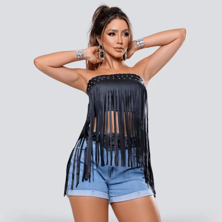 Cropped Couro Franjas E Strass Cléo