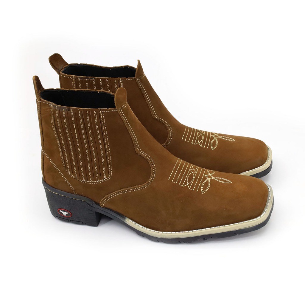 Botina Country Texana Cano Curto Bico Quadrado Couro Legítimo Confortável Sola Reforçada Costurada