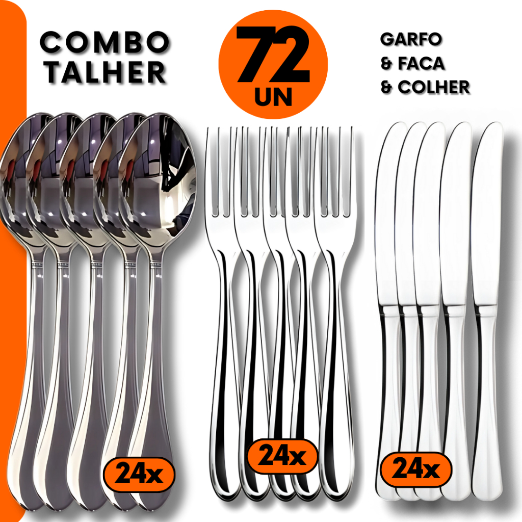 Kit Talher 72pçs – Colheres, Garfos e Facas Inox para Jantar Almoço Refeição em Bar Restaurante