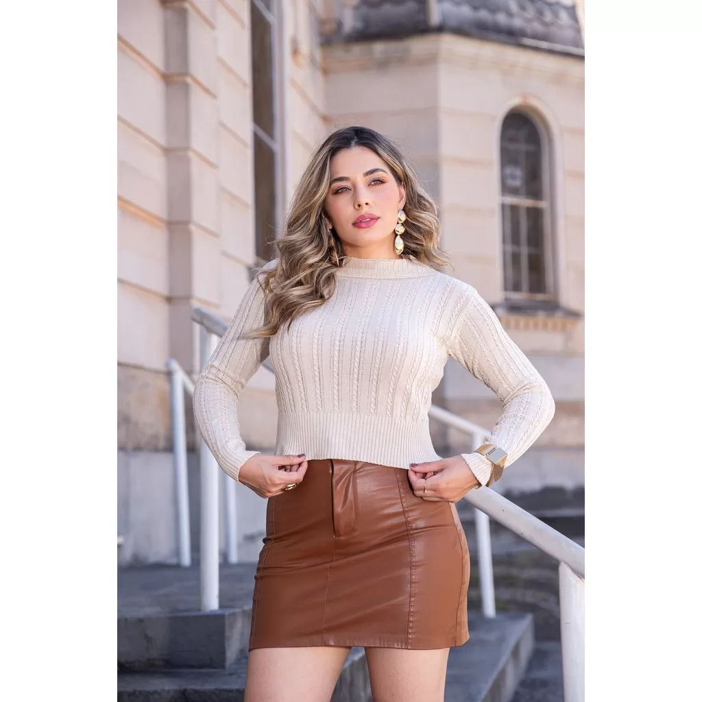 Cropedd Feminino Blusa  Inverno Tricot Trama Trançada | Manga Longa Tamanho Único Veste 36 ao 42