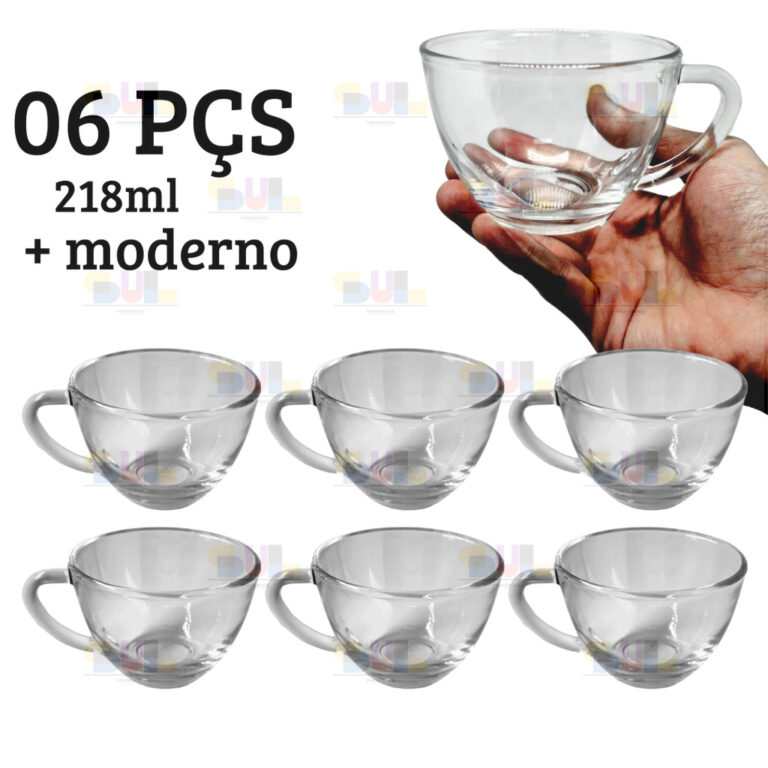 Kit 6 Xícara PERA CRYSTAL Vidro 220ml Chá Café 