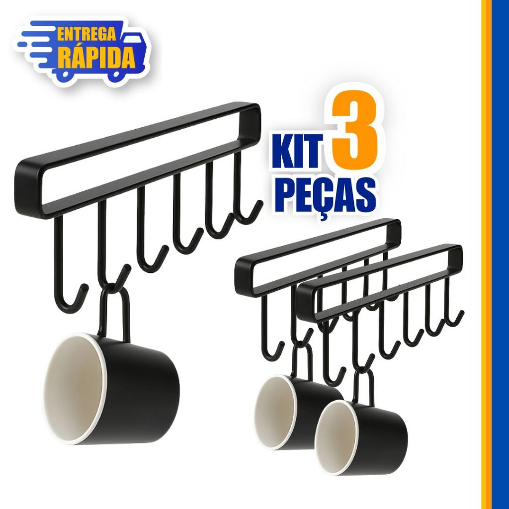 3 Suportes De Metal Porta Xícaras Canecas Utensílios Em Geral Para Pendurar No Armário
