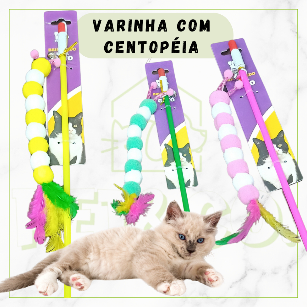 Brinquedo Interativo para Gato  Varinha com Penas e Centopeia de Pelúcia