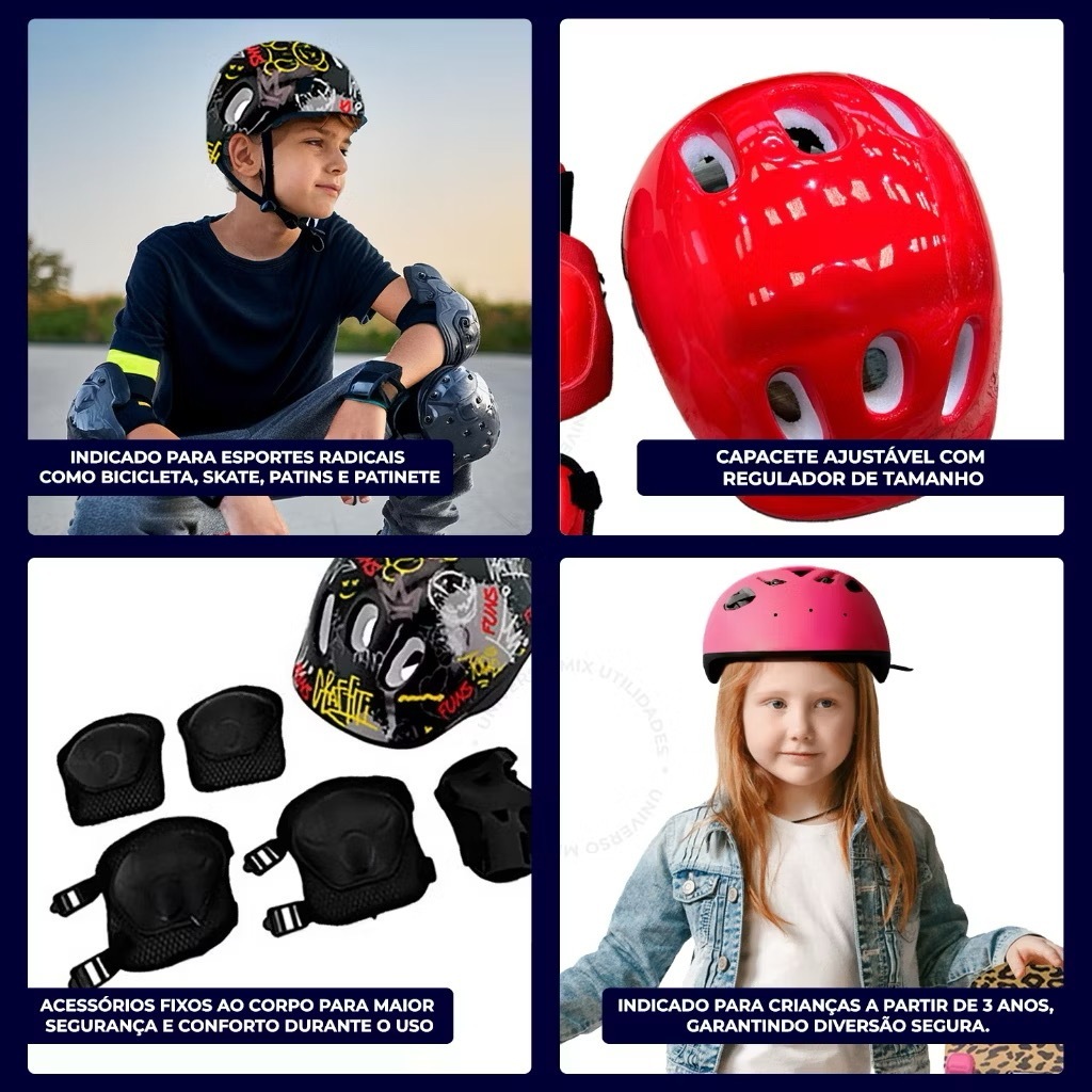 Kit Proteção Infantil 7 Peças Capacete Joelheira Cotoveleira Luvas – Bicicleta Patinete Skate Patins