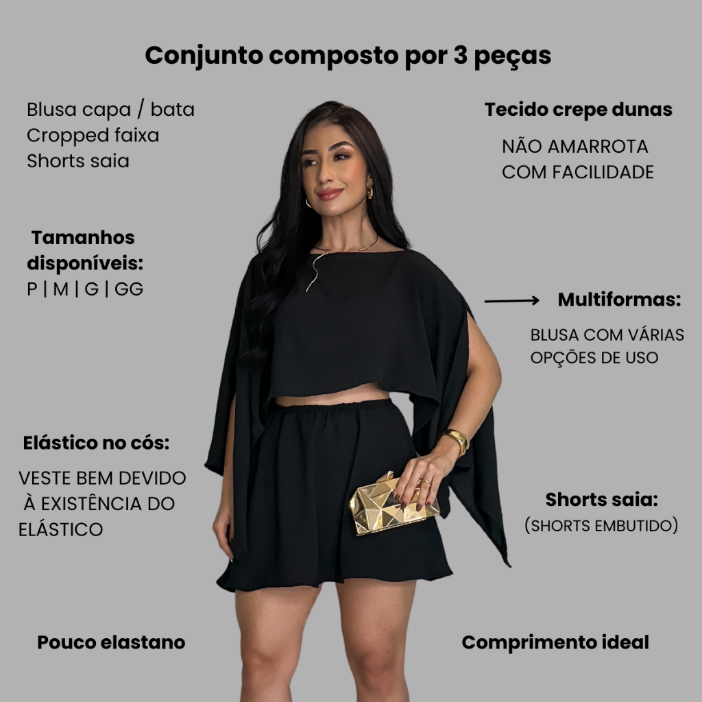 Conjunto Feminino Blusa Estilosa Capa Short Três Peças