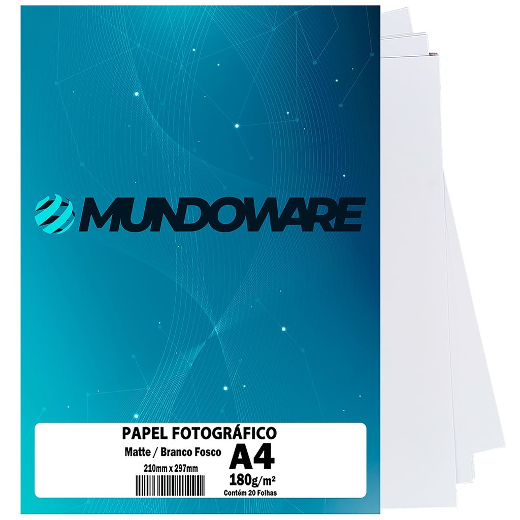Papel Matte Fosco Fotográfico 180g A4 Branco Sem Brilho com 20 Folhas Mundoware