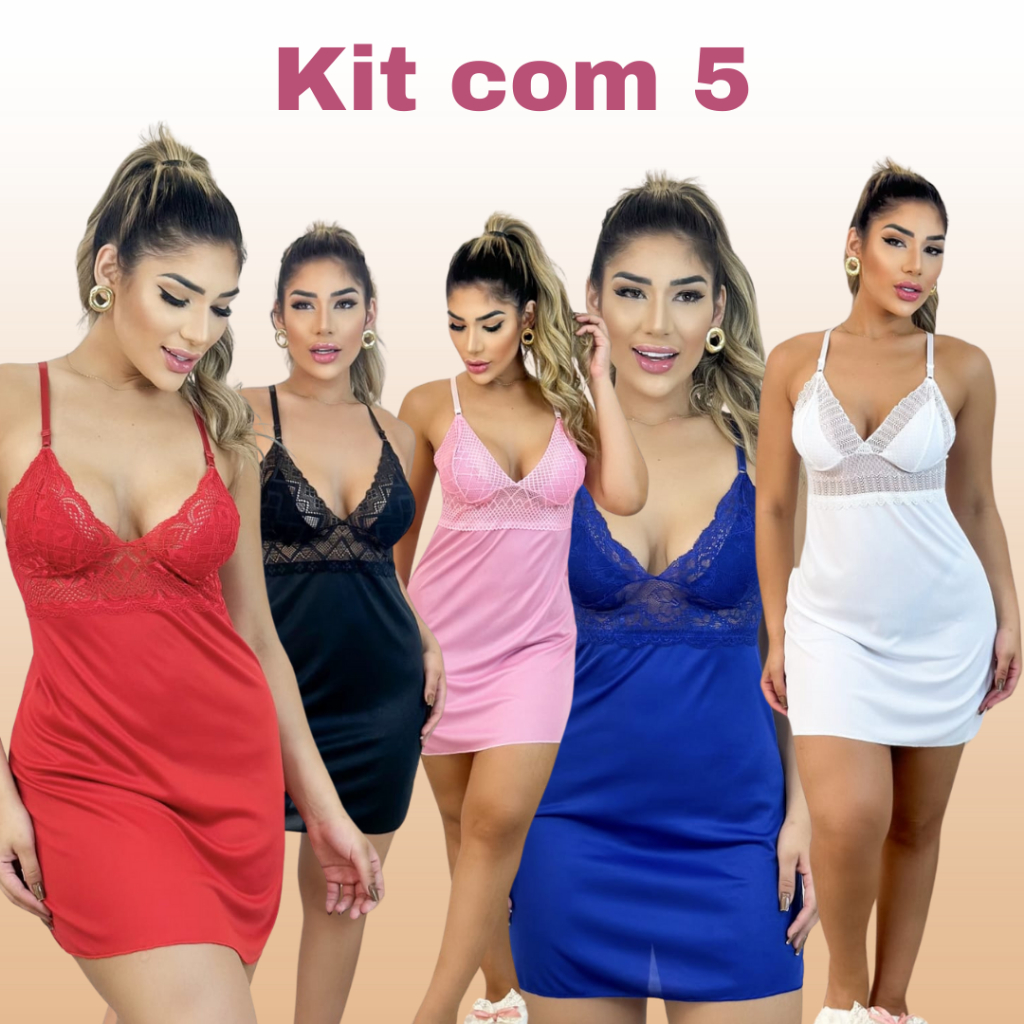 kit Com 5 Camisolas Sensual Roupas Femininas Traje De Dormir Sexy Baby Doll Pijama Sem Bojo