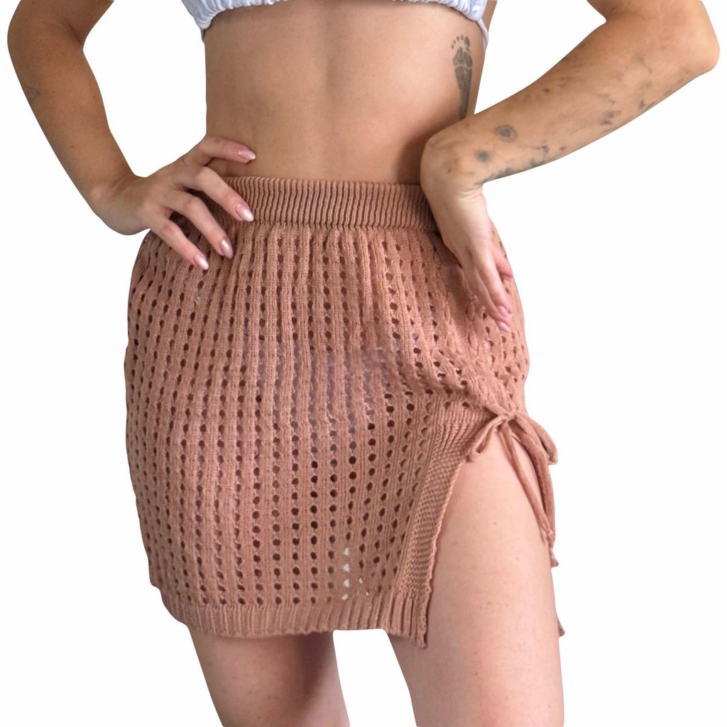 Tricot Verão Moda Praia Saia Feminina com Cordão Lateral