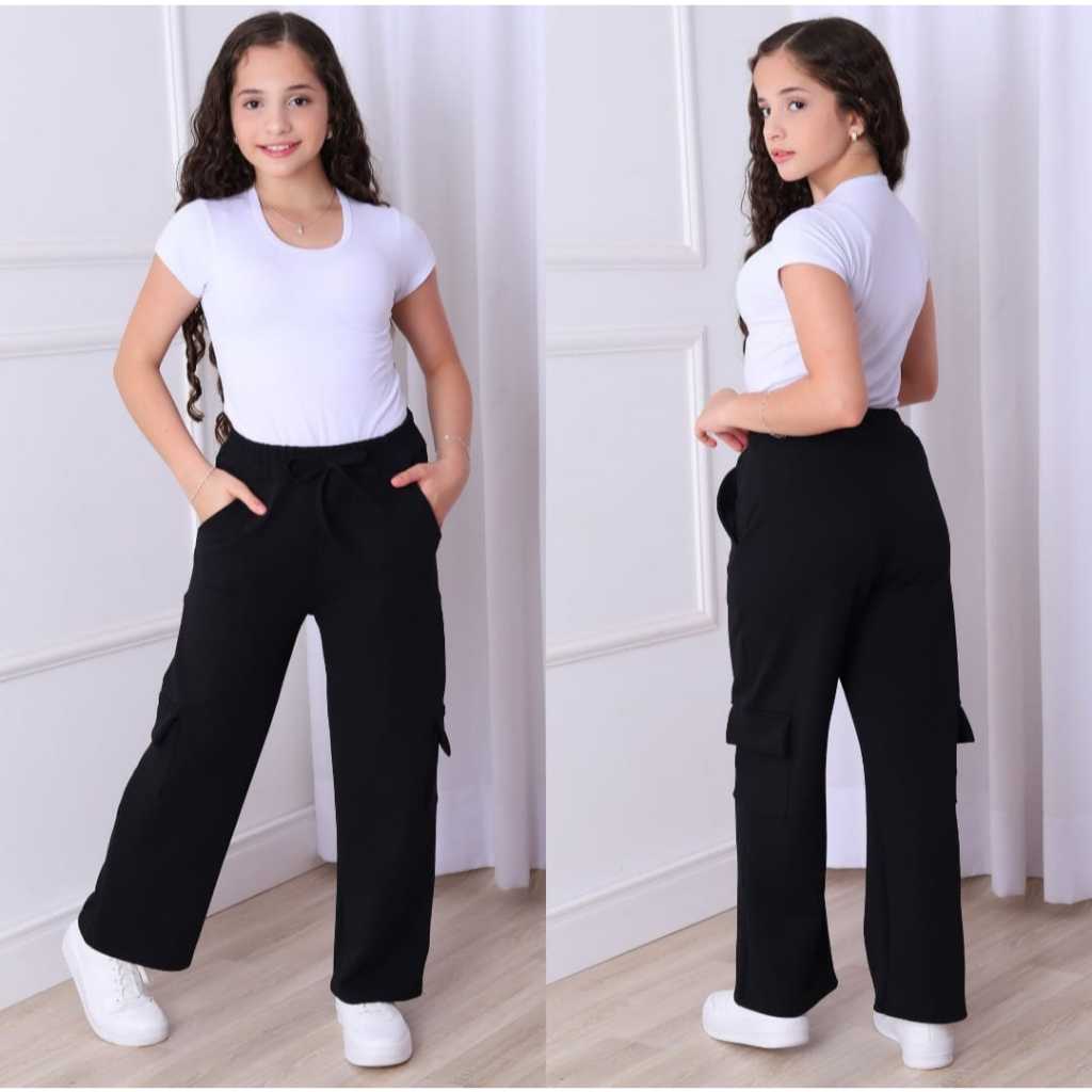 calça cargo  juvenil  tecido  malha crepe  calça feminina infantil  calça wide leg juvenil  cargo ca