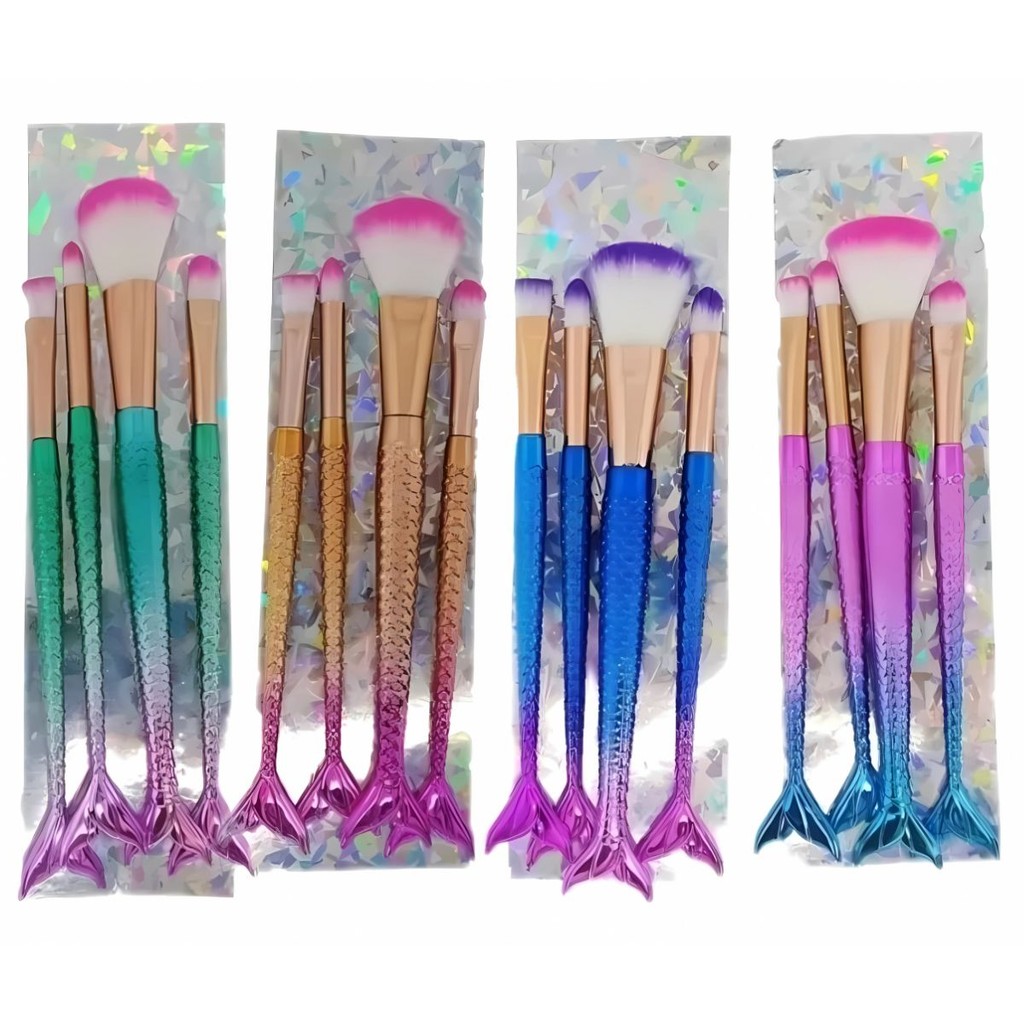 Kit 4 Pincel Sereia Maquiagem Blush Contorno Pó Sombra Cor Sortida