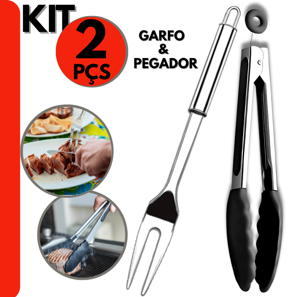 Kit 2 pçs Garfo Trinchante e Pegador de Silicone  Para Churrasco  e Saladas 100% Inox, Açougue, Cozi