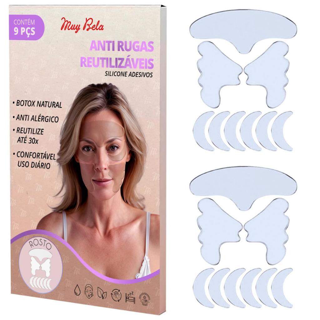 (Kit com 2) Adesivo Anti Rugas Silicone Rosto 9 Peças Patch Reutilizável 30x Skin Care Botox Natural