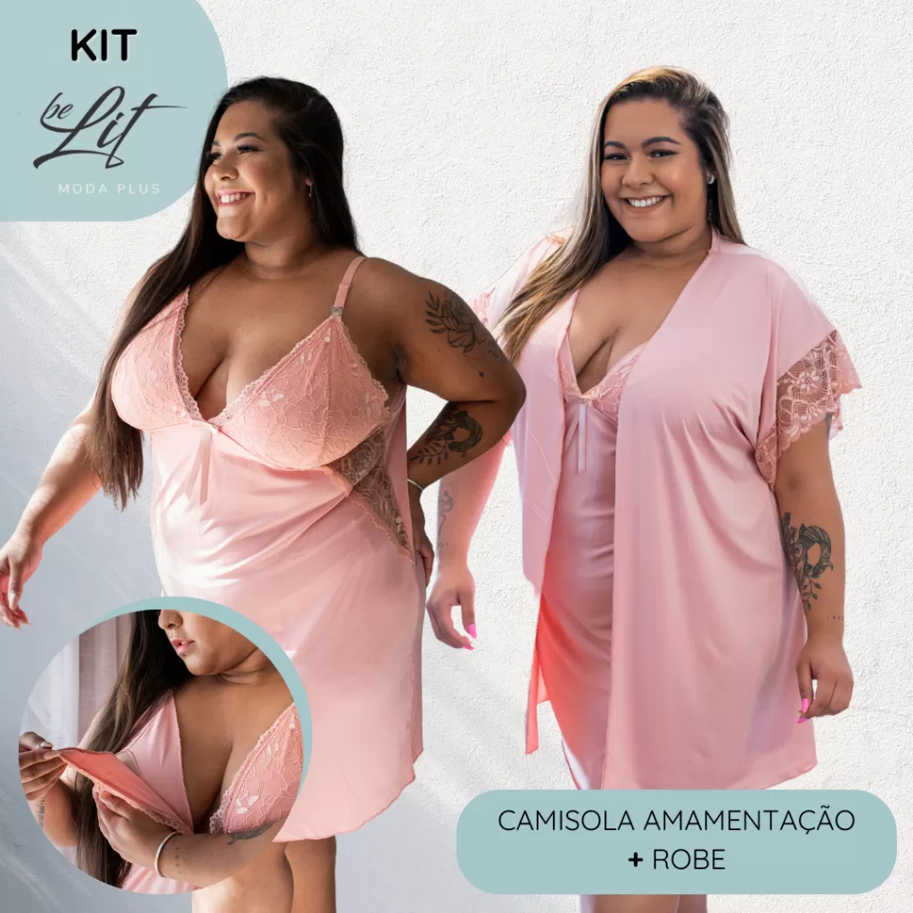 KIT 2 Peças – Robe e Camisola Plus Size Amamentação 50 52 54 56 58 Renda Maternidade BeLit Moda Plus