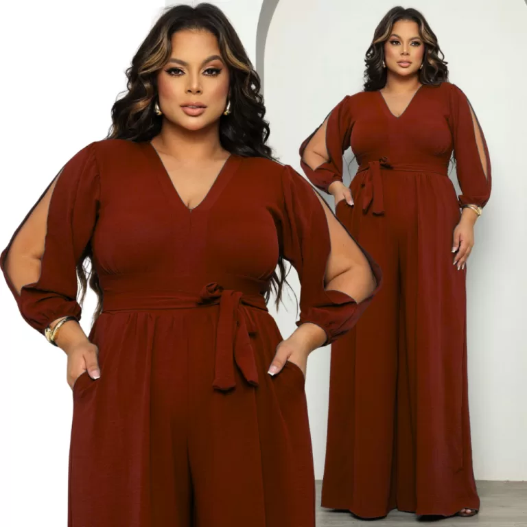 Macacão Pantalona Plus Size Manga Longa Elegante 