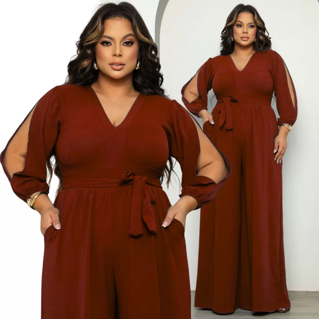 Macacão Pantalona Plus Size Manga Longa Elegante Estilo Modelador Linha Luxo