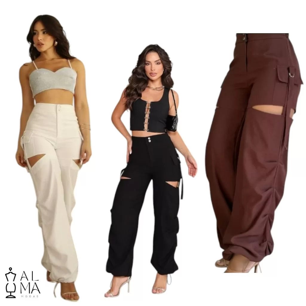 Calça Cargo Parachute Drapeada Cintura Alta Estilo Balada Alfaiataria moda gringa