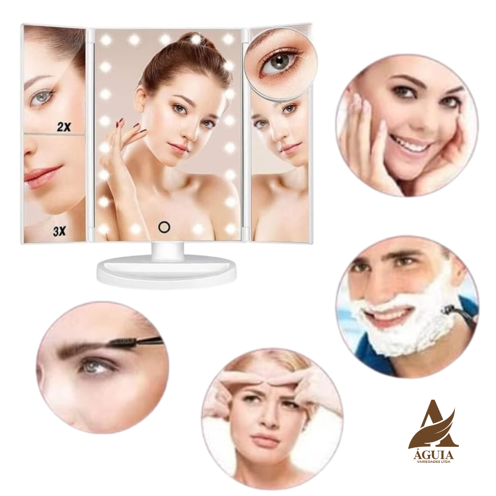 Espelho de Maquiagem Dobrável Triplo com Iluminação LED Branca Portátil Skincare Viagem Camarim