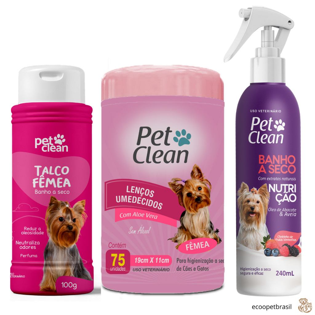 Kit Novo Banho a Seco Cachorro Cães e Gatos Hidratação, Nutrição e Maciez + Talco Femea + Lenços Ume