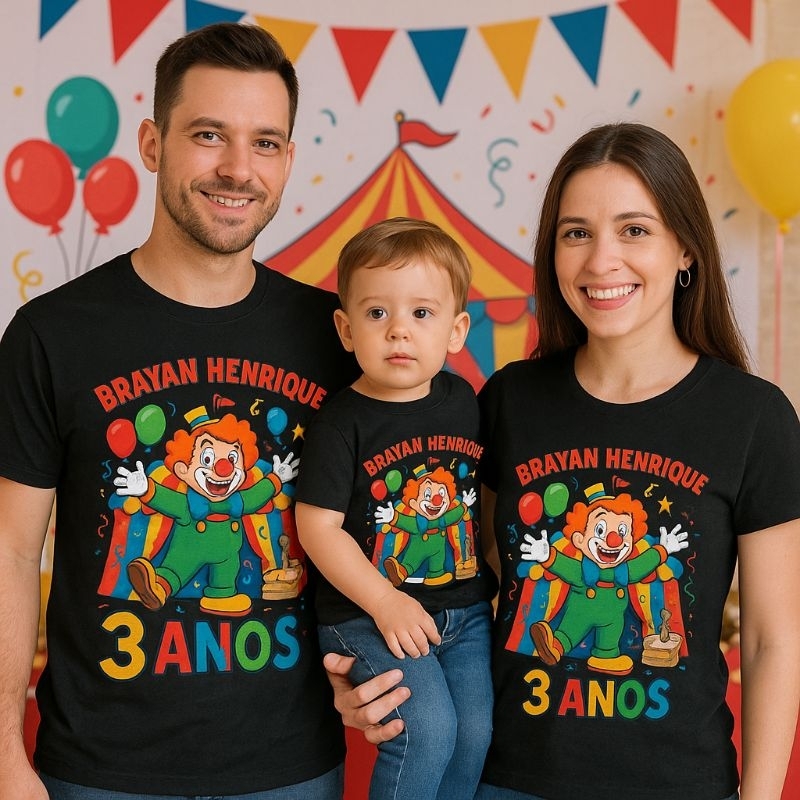 Kit 3 Camisetas Tema Circo Aniversário Infantil de menino e Família | Algodão Premium Estampa DTF P