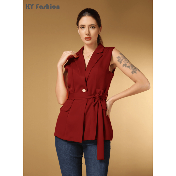 Jaqueta Feminina casual sem mangas com cinto na ci