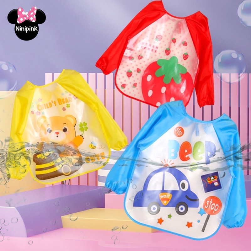 Babador De Plástico Avental Manga Longa Impermeável Atividades Infantil Alimentação