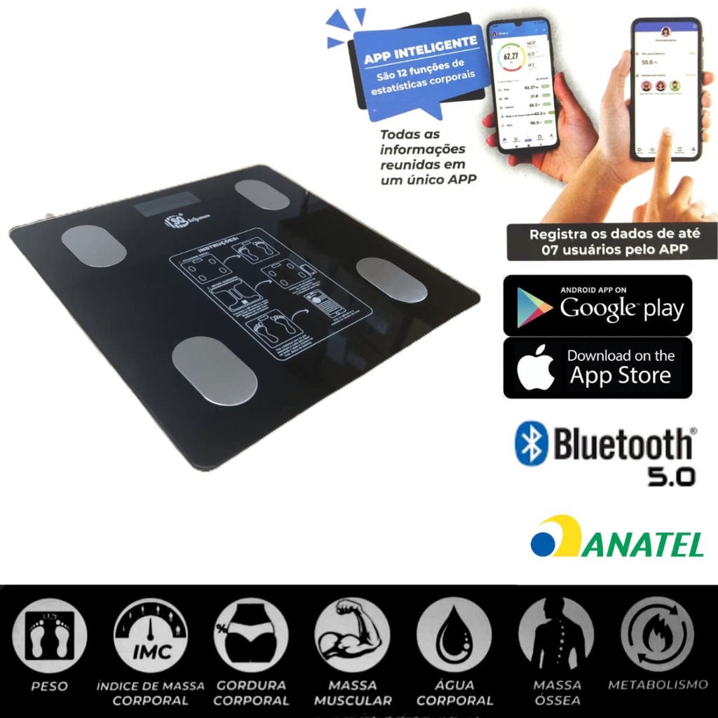 Balança Digital Corporal Bioimpedancia 140Kg Aplicativo Bluetooth Banheiro Cozinha