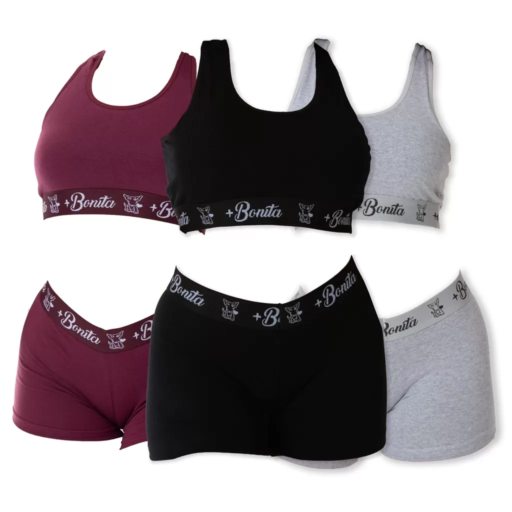 KIT 3 Conjunto Lingerie Top + Short Algodão Moda Intima